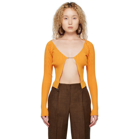 JACQUEMUS Women's 34 Orange Le Raphia Rib Knit Scoop Logo Gold Cardigan NWT - Picture 1 of 6
